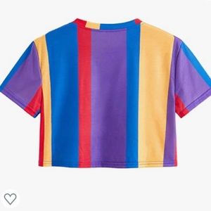 Summer Short Sleeve Crew Neck Crop Top Rainbow Striped Printed,Casual and Sporty